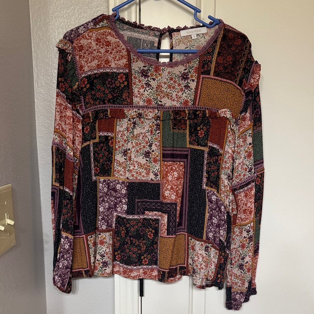 Olivaceous Floral Patchwork Blouse - Purple, Red, Green, Orange